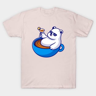 Cute Polar Bear Relax In Cup Coffee Cartoon T-Shirt